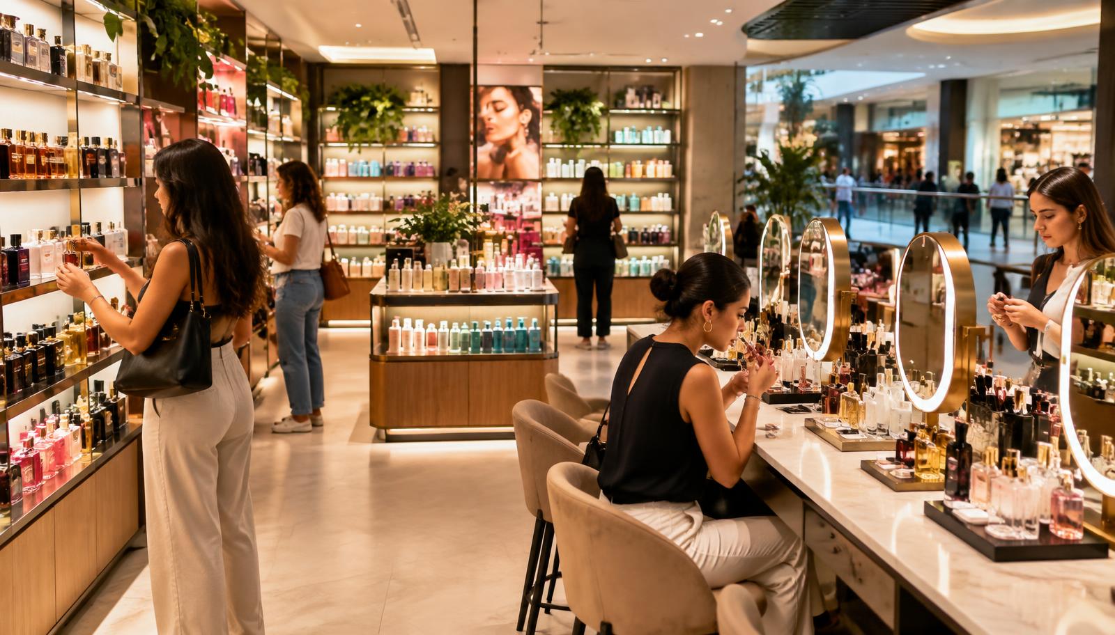 Interior de loja de beleza em shopping com clientes testando perfumes