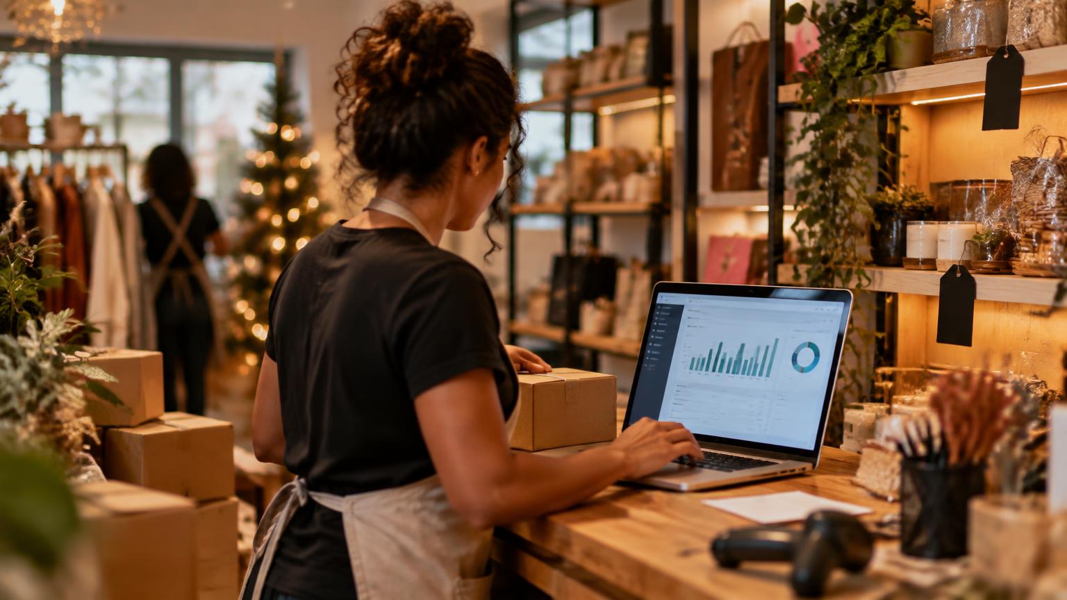 Lojista organizando caixas de pedidos e conferindo painel de vendas no notebook no balcão da loja em novembro